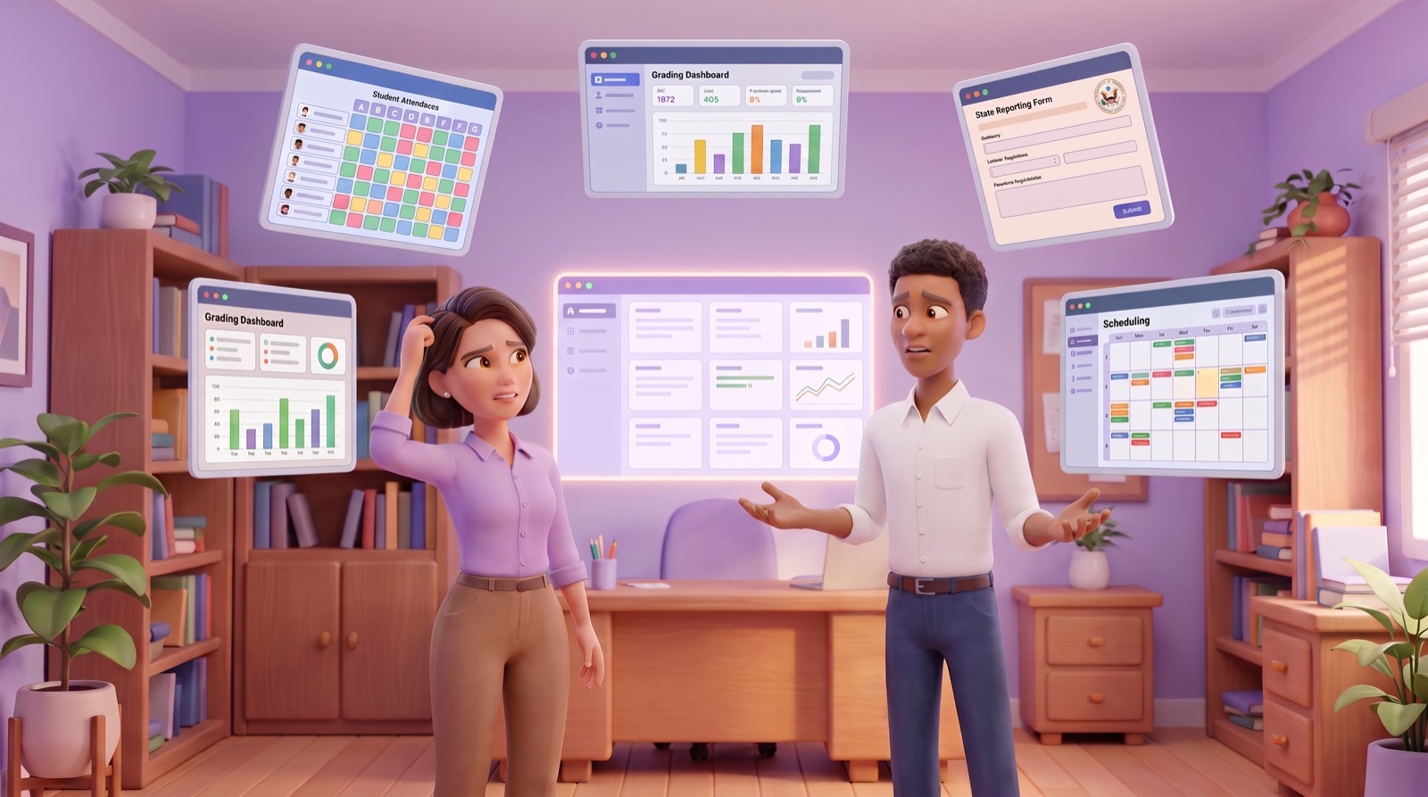 Two district staff surrounded by disconnected dashboards, attendance grids, grading screens and a state reporting form floating around them